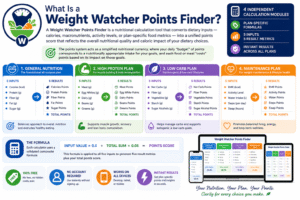 Weight Watcher Points Finder infographic showing General Nutrition, High Protein, Low Carb, and Maintenance Plan calculators that convert calories, protein, fiber, fat, sugar, activity levels, and lifestyle metrics into personalized Weight Watcher points scores.