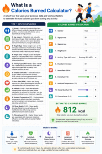 Calories Burned Calculator showing personalized calorie expenditure based on gender, age, weight, height, activity type, duration, heart rate, intensity, temperature, sleep quality, and fitness level.