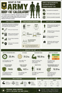 Army Body Fat Calculator infographic showing how to calculate body fat percentage using height, weight, neck, waist, and hip measurements for military body composition assessment.