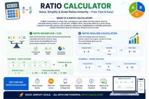 Ratio Calculator tool showing ratio solver, ratio scaling calculator, percentage breakdown, simplified ratios, and missing value calculations online.