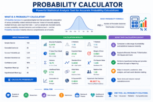 Probability Calculator displaying binomial probability, P-value, Z-statistic, T-statistic, confidence intervals, hypothesis testing, and statistical analysis results.