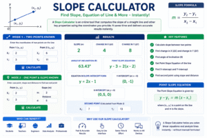 Point Slope Equation calculator showing slope calculation, line equation generation, angle of inclination, intercepts, and coordinate graph visualization.