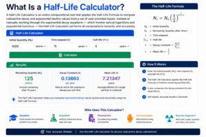 Half-Life Formula infographic showing radioactive decay equation, initial quantity, half-life, decay constant, mean life, and remaining quantity calculations using a Half-Life Calculator.