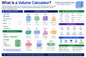 Cylinder Volume Formula infographic showing cylinder dimensions, volume calculation, radius, height, volume calculator interface, and 3D geometry formulas with practical examples.