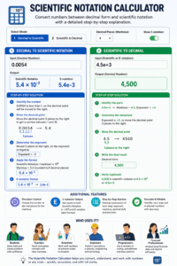 Scientific Notation Calculator interface showing decimal to scientific notation conversion and scientific to decimal conversion with step-by-step explanation, including E-notation, precision control, and educational math breakdown for students, engineers, and scientists