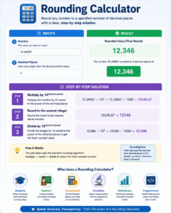Rounding Calculator tool showing step-by-step rounding of decimal numbers with instant results and clear calculation breakdown