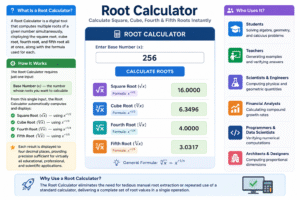 Root Calculator tool interface showing automatic calculation of square root, cube root, fourth root, and fifth root of a number with step-by-step formulas and results