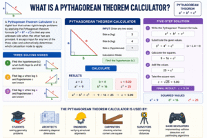 Pythagorean Theorem Calculator showing right triangle diagram with sides a, b, and c, solving hypotenuse and missing side using formula a² + b² = c² with step-by-step solution and real-world applications for students, engineers, and architects