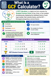 GCF Calculator infographic showing how to find the Greatest Common Factor of two, three, or four numbers by listing factors, identifying common factors, and highlighting the largest common factor.