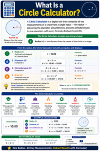 Circle Calculator infographic showing how to calculate radius, diameter, circumference, and area using circle formulas with step-by-step examples and mathematical equations.