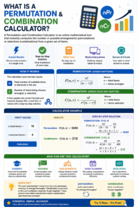 Permutation and Combination Calculator infographic showing how to calculate nPr and nCr values using total items (n), selected items (r), factorial formulas, and step-by-step solutions.