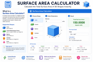 Surface Area Calculator online tool showing formulas and calculations for cube, cuboid, sphere, cylinder, and cone with instant results and high precision.