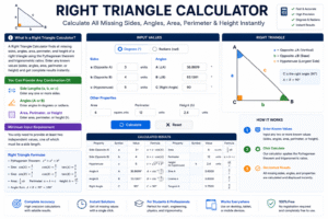 Right Triangle Calculator showing side lengths, angles, hypotenuse, area, perimeter, height, and trigonometric calculations using the Pythagorean theorem.