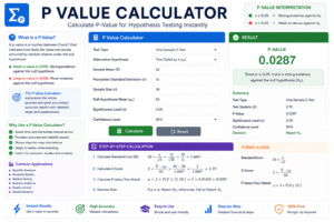 P Value Calculator showing hypothesis testing, statistical significance, p-value calculation, confidence levels, standard deviation, sample size, and detailed statistical results.