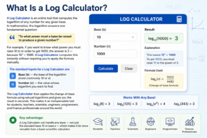 Log Calculator interface showing logarithm calculations with custom base input, change-of-base formula, instant results, and mathematical examples for students, engineers, and scientists.