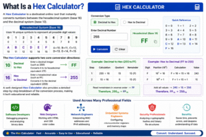 Hex Calculator interface showing decimal to hexadecimal and hexadecimal to decimal conversion, step-by-step calculations, base 16 number system chart, and instant conversion results for developers, engineers, and students.