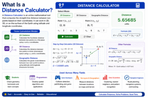 Distance Calculator interface showing 2D distance calculation between coordinate points, step-by-step Euclidean distance formula, 3D distance equations, geographic distance calculations, and instant distance results.