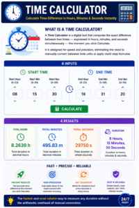 Time Calculator infographic demonstrating how to calculate the exact time difference between two times using start hour, minute, second and end hour, minute, second inputs with instant duration results.
