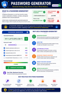 Password Generator infographic showing how to create secure random passwords using customizable password length, uppercase and lowercase letters, numbers, special characters, password strength indicator, and advanced security settings.