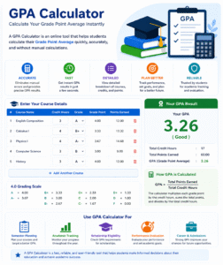 GPA Calculator online tool interface showing grade point average calculation with credit hours, grades, and final GPA result on 4.0 scale system