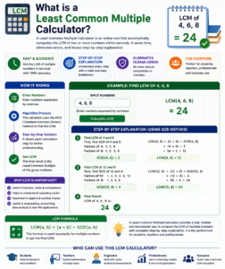 Educational infographic explaining how a Least Common Multiple Calculator works, featuring the GCD method, step-by-step LCM calculation, formula, examples, and practical applications for students and professionals.