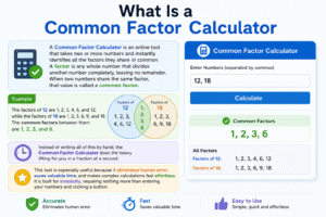Common Factor Calculator showing how to find shared factors of numbers like 12 and 18 with step-by-step results, fast online calculation tool interface