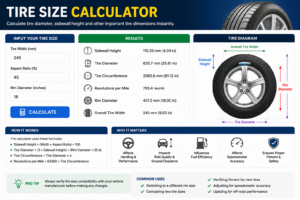 Tire Size Calculator showing tire width, aspect ratio, rim diameter, tire diameter, sidewall height, circumference, and fitment calculations for accurate tire sizing.