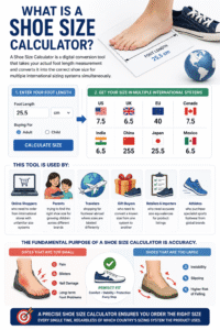 Shoe Size Calculator interface showing foot length input and instant conversion into US, UK, EU, Canada, India, China, Japan, and Mexico shoe sizes with visual guide for online shoppers and travelers