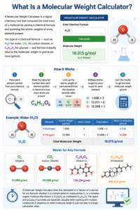 Molecular Weight Calculator infographic showing how to calculate molecular weight by summing atomic masses of elements in chemical formulas such as H2O, CO2, C6H12O6, and C27H46O with step-by-step examples and molar mass calculations.
