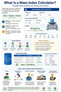 Mass Index Calculator infographic showing how to calculate mass using density and volume, automatic unit conversions, mass formula m = ρ × V, example calculations, and applications in science, engineering, logistics, and construction.