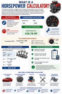 Horsepower Calculator infographic showing how to calculate engine horsepower using torque and RPM, horsepower formula HP = (Torque × RPM) ÷ 5252, step-by-step examples, engine performance calculations, and automotive applications.