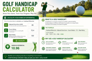 Golf Handicap Calculator showing Adjusted Gross Score, Course Rating, Slope Rating, handicap differential formula, and instant golf handicap calculation based on World Handicap System guidelines.