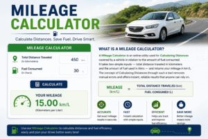 Mileage Calculator showing total distance traveled, fuel consumed, mileage formula, and fuel efficiency calculation in kilometers per liter (km/L).