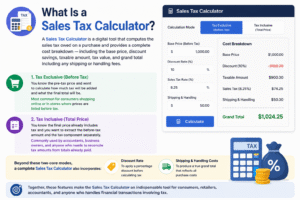 👉 Sales Tax Calculator showing tax exclusive and tax inclusive modes with cost breakdown including discount, tax amount, and final total price