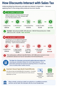 Sales Tax Calculator showing how discounts are applied before sales tax with step-by-step examples of correct and incorrect tax calculations.