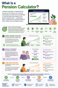 Pension Calculator infographic showing retirement savings projections, pension payout planning, work longer strategy, and lump sum pension growth calculations.