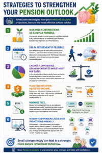 Pension Calculator infographic showing six retirement planning strategies including maximizing contributions, delaying retirement, reducing fees, managing inflation, investment diversification, and annual pension reviews.