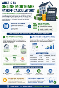Online Mortgage Payoff Calculator infographic showing offset account benefits, extra mortgage payment strategies, interest savings, and faster loan payoff projections.