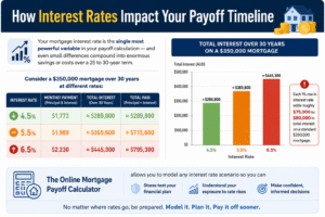 Online Mortgage Payoff Calculator showing how mortgage interest rates of 4.5%, 5.5%, and 6.5% affect total interest paid and mortgage payoff timeline on a $350,000 home loan.