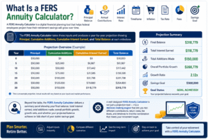 Annuity Calculator infographic showing retirement savings projections, annual contributions, compound interest growth, cumulative additions, final balance, and savings goal tracking.