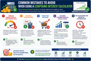 Compound Interest Calculator infographic highlighting common mistakes including unrealistic return rates, inflation, taxes, fees, contribution changes, and investment planning errors.