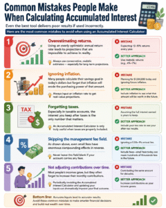 Accumulated Interest Calculator infographic showing 5 common mistakes people make such as overestimating returns, ignoring inflation, forgetting taxes, skipping fees, and not adjusting contributions over time