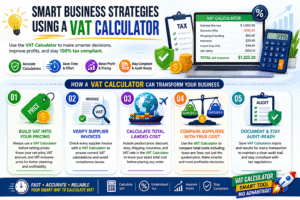 VAT Calculator infographic showing smart business strategies for pricing, supplier invoice verification, import cost calculation, supplier comparison, and VAT compliance management.