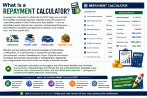 Repayment Calculator showing monthly loan payments, interest costs, repayment schedule, payoff date, taxes, insurance, fees, and total borrowing costs for mortgages, student loans, vehicle loans, and personal loans.