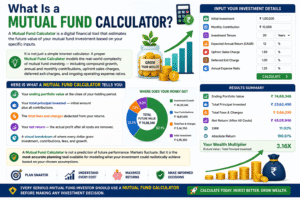 Mutual Fund Calculator infographic showing investment growth, compound returns, monthly contributions, portfolio value, fees, expense ratios, and projected mutual fund earnings over time.