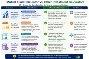Mutual Fund Calculator comparison chart showing differences between stock return calculator, SIP calculator, ETF calculator, and compound interest calculator with fees, returns, and investment planning features.
