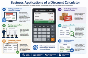 Business applications of a Discount Calculator showing promotional pricing, sales discount calculations, supplier discount comparisons, invoice verification, inventory clearance pricing, and customer quote preparation for profit margin management.