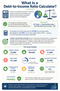 Debt-to-Income Ratio Calculator infographic showing DTI formula, monthly income, debt payments, DTI percentage calculation, net cash flow, savings capacity, tax estimates, and financial health status.