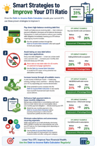 Infographic showing five smart strategies to improve Debt-to-Income Ratio Calculator results, including paying off credit card debt, avoiding new loans, increasing income, refinancing debt, and cutting recurring expenses.