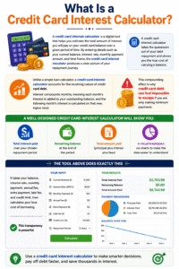 Credit Card Interest Calculator infographic explaining credit card interest calculations, monthly compounding, repayment costs, remaining balance, total interest paid, and debt payoff analysis.